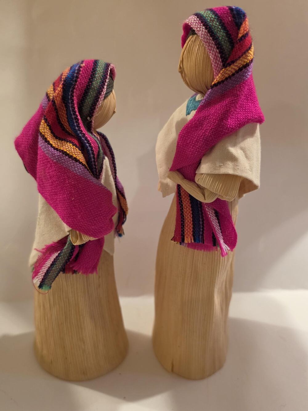 Pair vintage Latin handmade corn husk y lady dolls